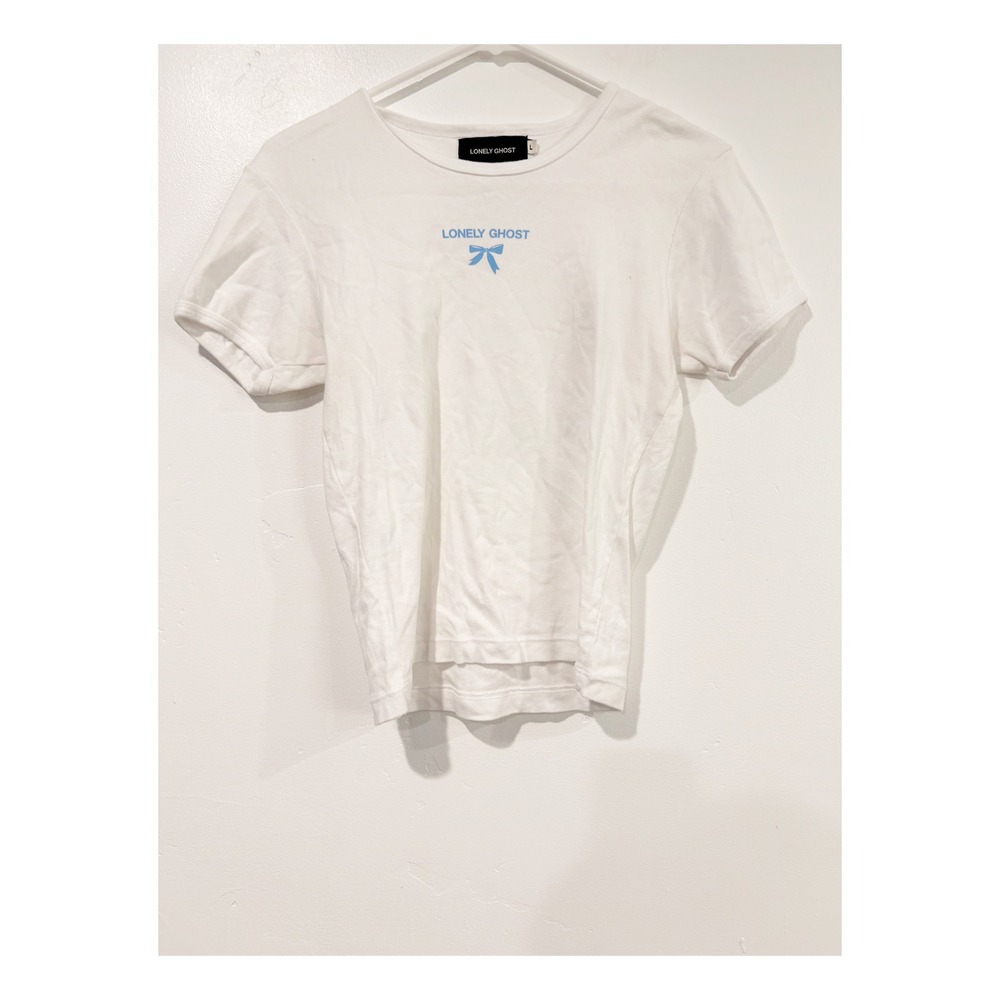 Lonely Ghost White Blue Bow Graphic Baby Tee Short Sleeve‎ T-Shirt Womens Large
